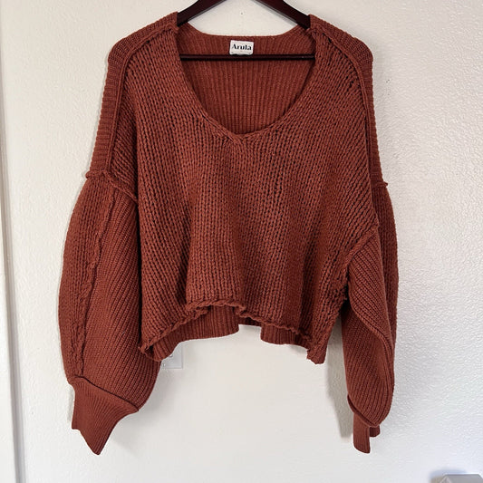 Arula Crop Rust Chunky Cable Knit Oversized Boho Raw Hem Seams Sweater Hippie