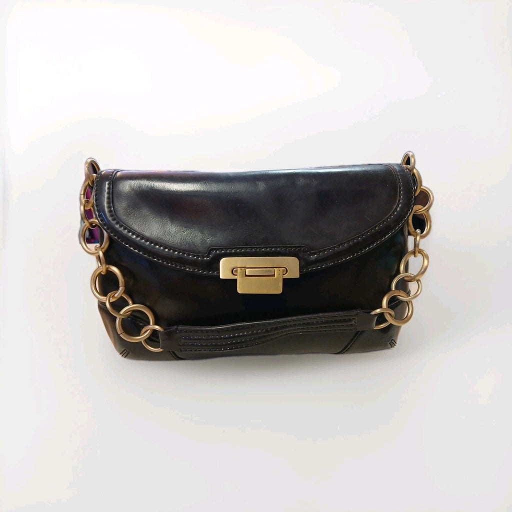 Ann Taylor Dark Dark Brown Faux Leather Shoulder Bag w/ Gold Link Strap