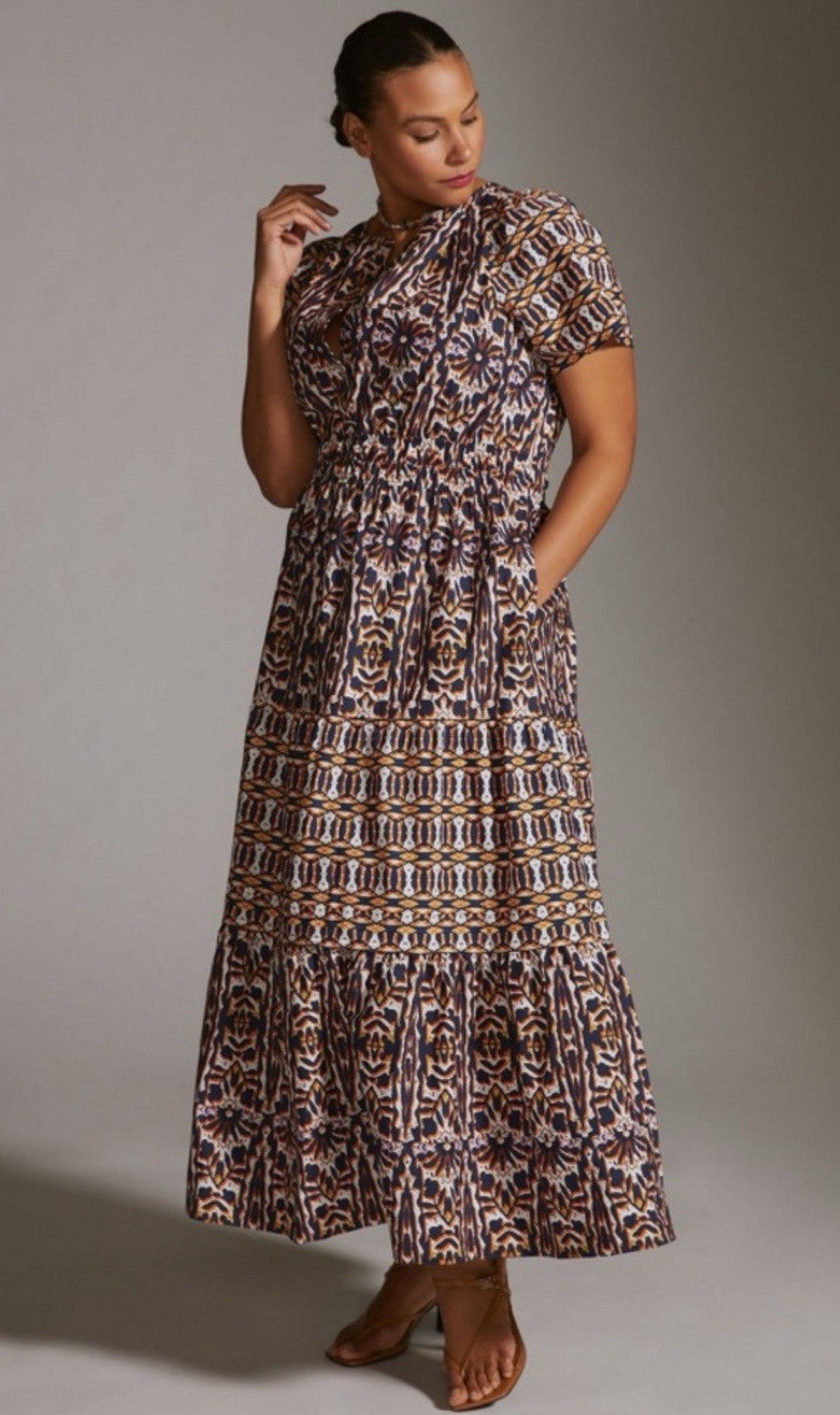 Maeve Anthropologie 2X Somerset Short Sleeve Maxi Dress Geo Tiered Boho Artsy