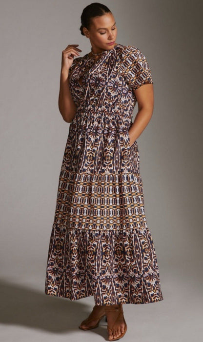 Maeve Anthropologie 2X Somerset Short Sleeve Maxi Dress Geo Tiered Boho Artsy