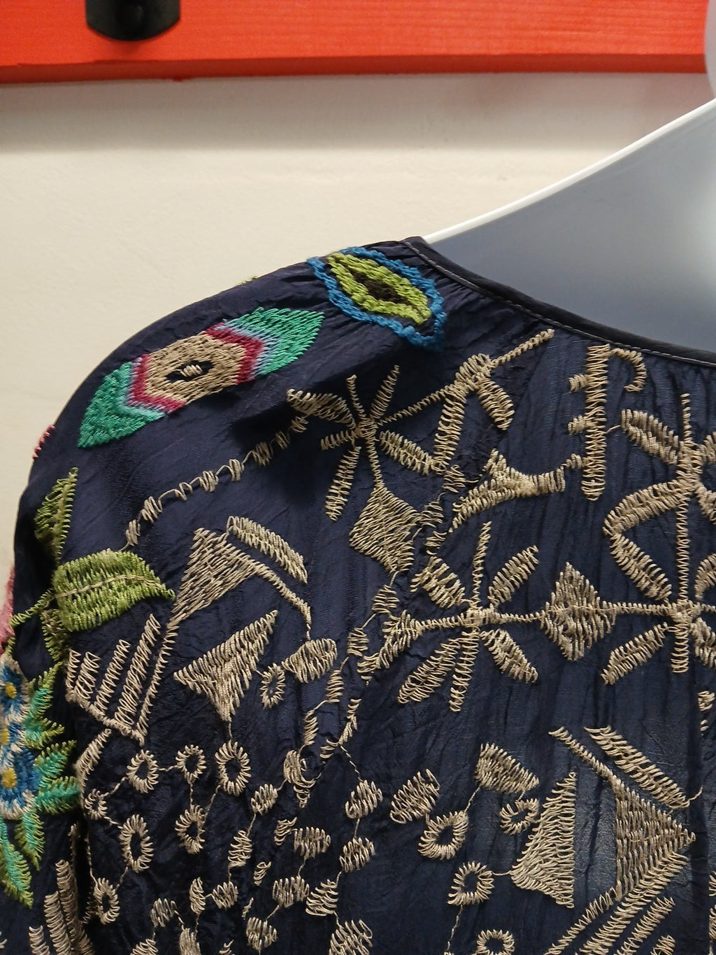 Johnny Was XL Blue Heavily Embroidered 1/4 Button Blouse