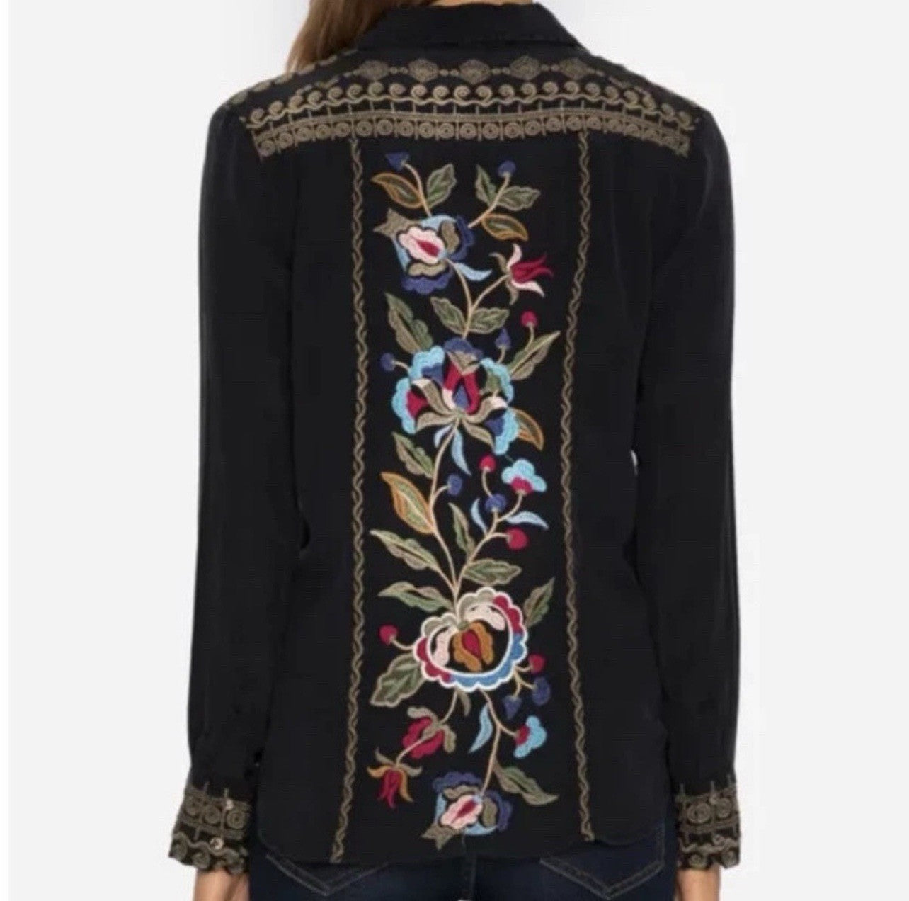 Johnny Was Workshop  XL Marcella 100% Silk Button Up Black Blouse Boho Western