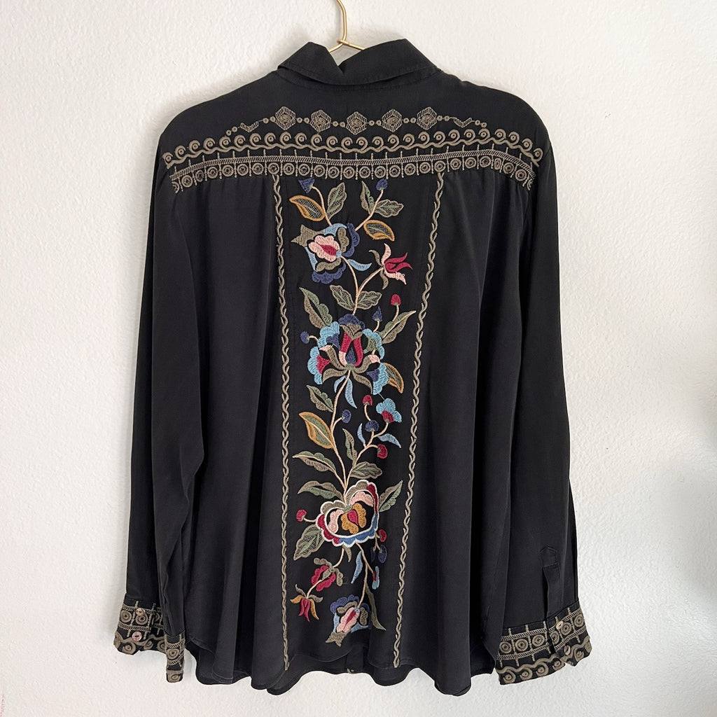 Johnny Was Workshop  XL Marcella 100% Silk Button Up Black Blouse Boho Western