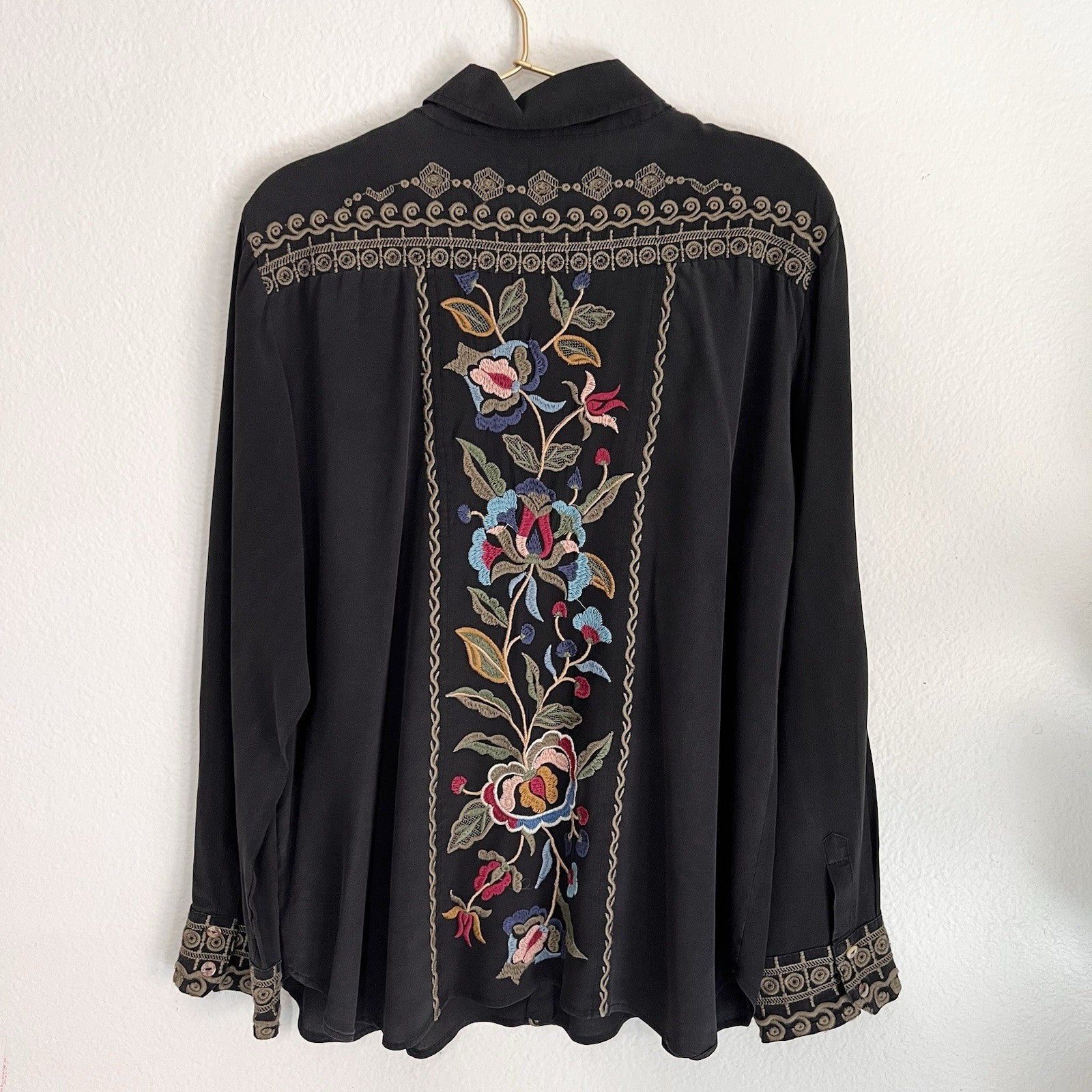 Johnny Was Workshop  XL Marcella 100% Silk Button Up Black Blouse Boho Western