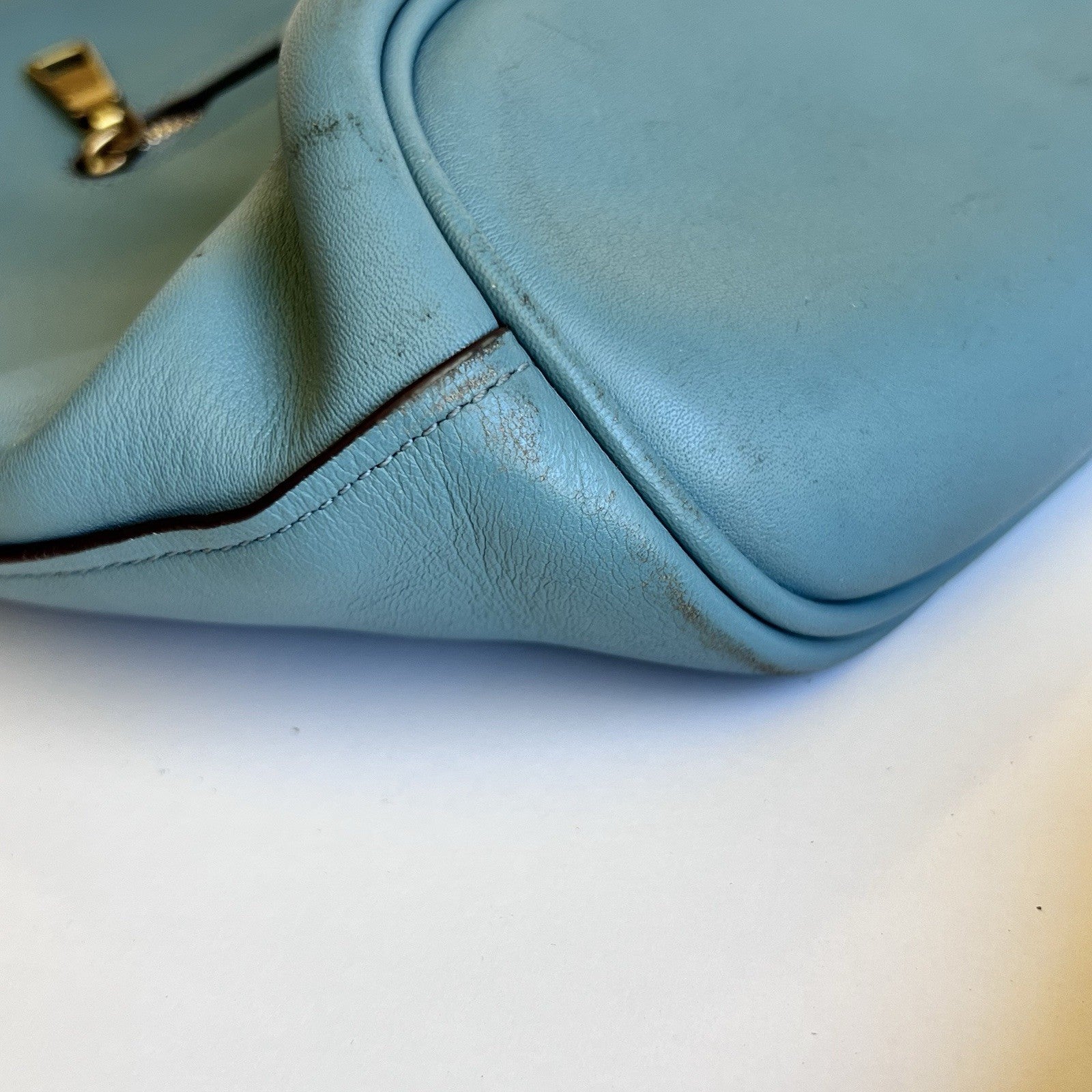 Coach 79029 Signature Chain Duffle Purse Teal Brass Glovetanned Leather Hobo Bag