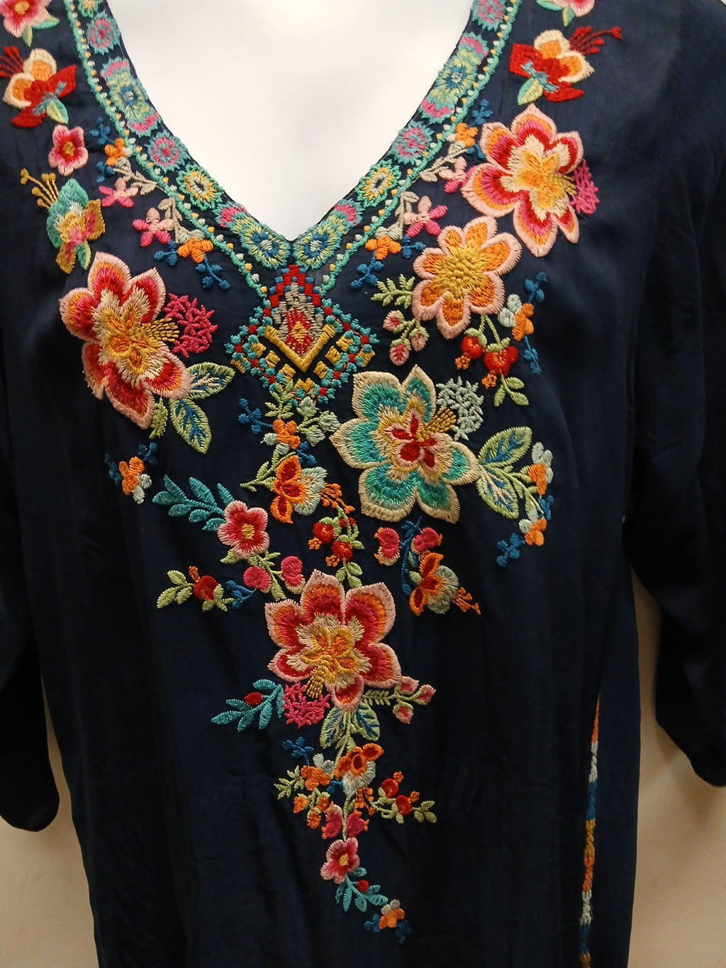 Johnny Was XL V-Neck Embroidered Blue Pullover Sheer Blouse
