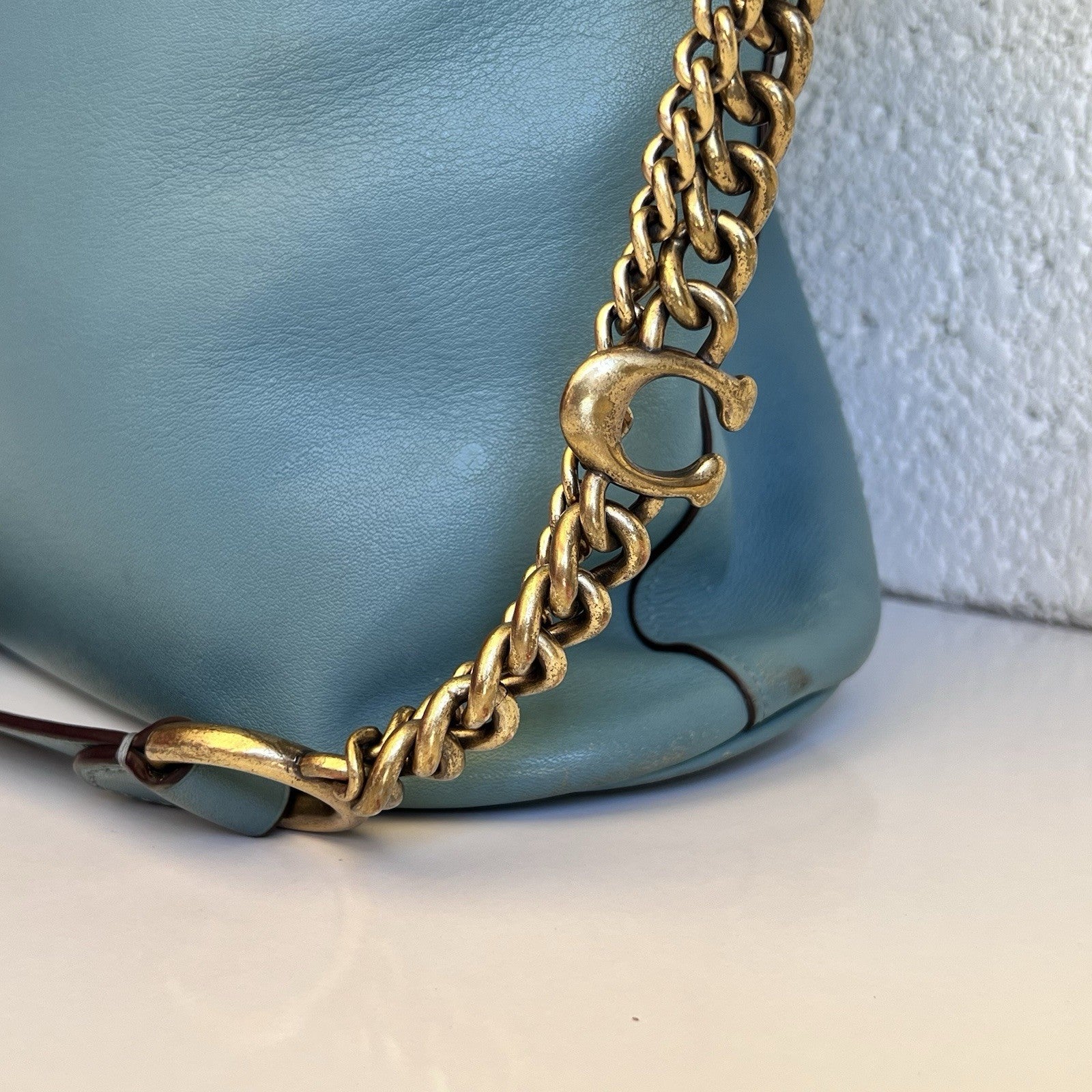 Coach 79029 Signature Chain Duffle Purse Teal Brass Glovetanned Leather Hobo Bag