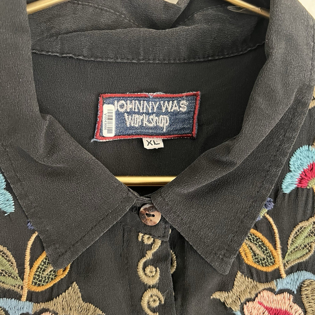 Johnny Was Workshop  XL Marcella 100% Silk Button Up Black Blouse Boho Western