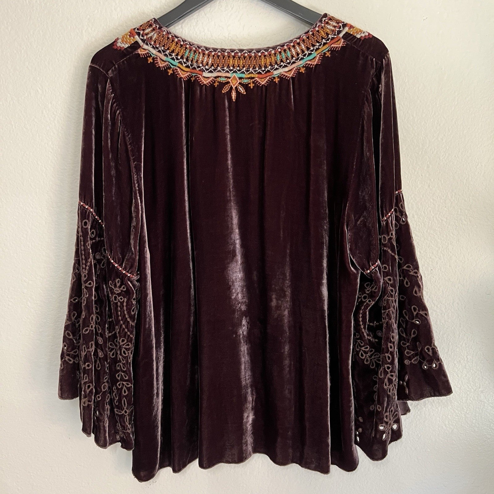 Johnny Was XL Chiri Velvet Silk Blend Brown Swing Blouse Bell Butterfly Sleeve