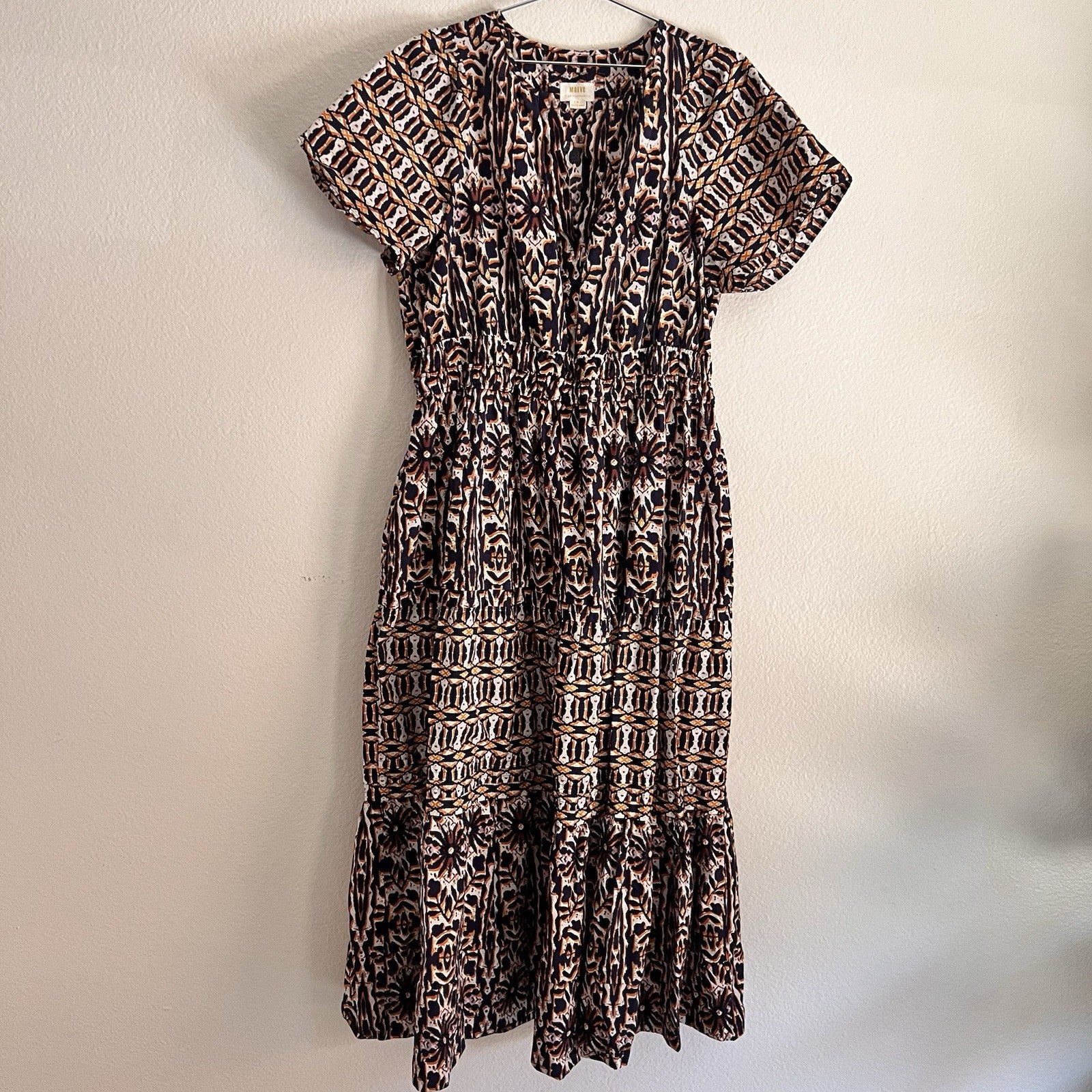 Maeve Anthropologie 2X Somerset Short Sleeve Maxi Dress Geo Tiered Boho Artsy