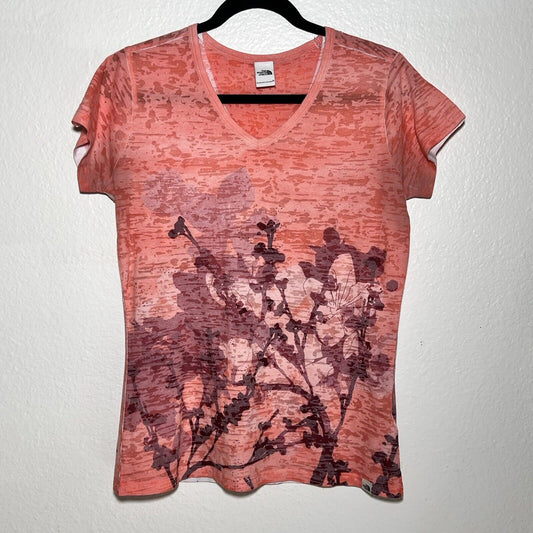 North Face (M) Women's Pullover Pink Floral Shirt Short Sleeve Burnout Outdoors