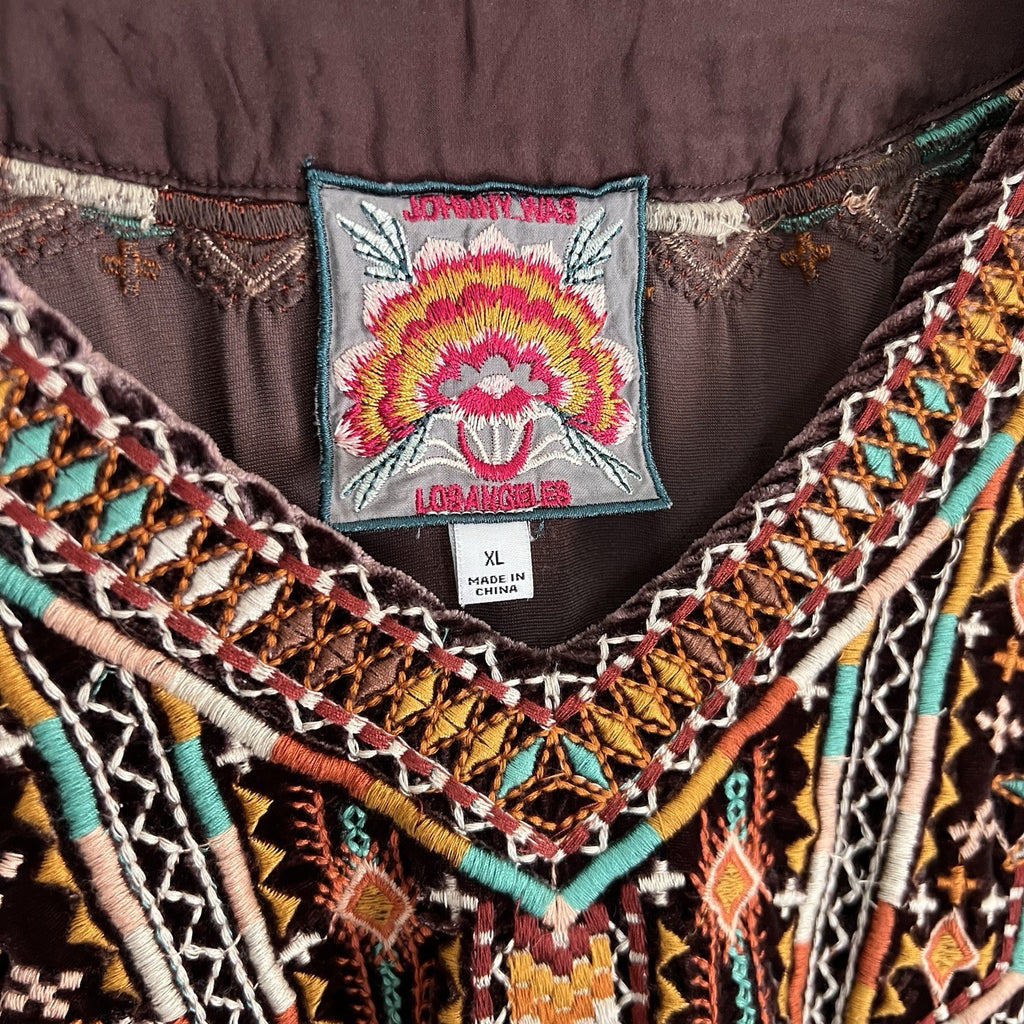 Johnny Was XL Chiri Velvet Silk Blend Brown Swing Blouse Bell Butterfly Sleeve