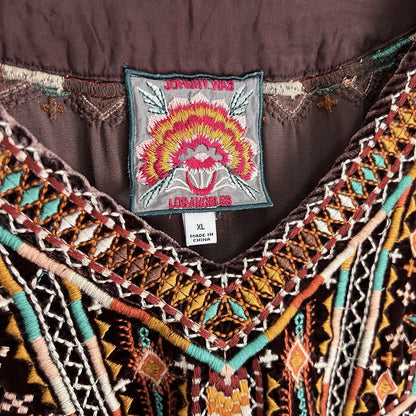 Johnny Was XL Chiri Velvet Silk Blend Brown Swing Blouse Bell Butterfly Sleeve