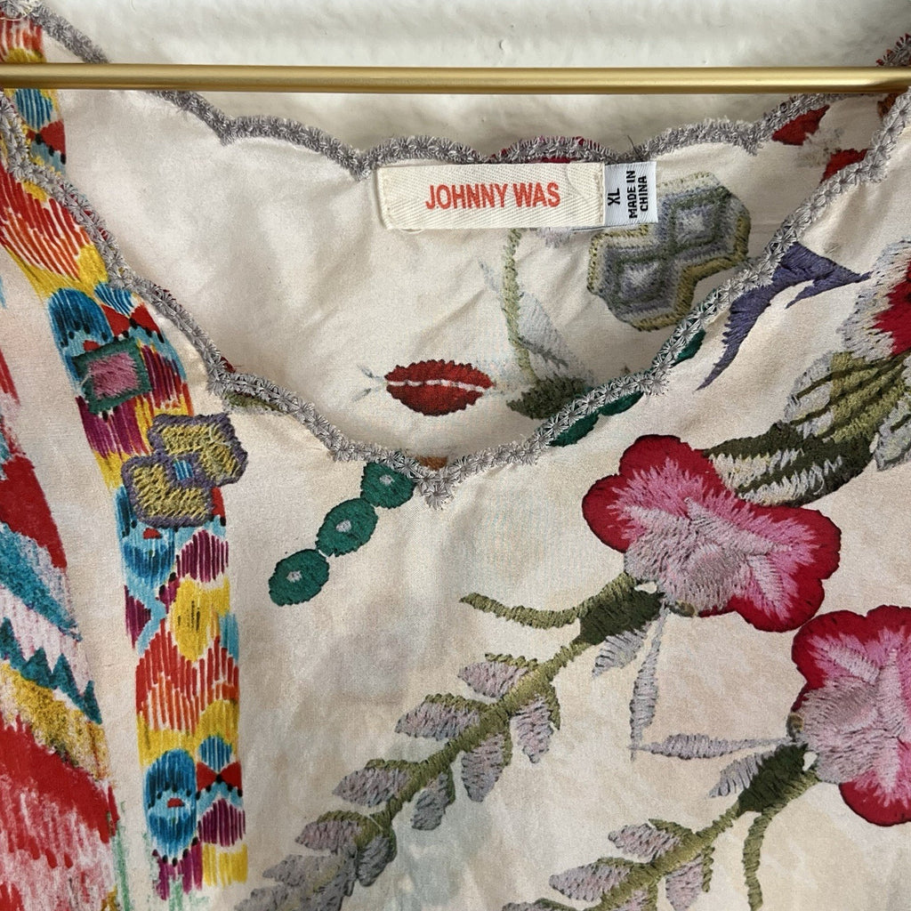 JOHNNY WAS XL Tulum Floral Tunic Top 100% Silk Boho Southwest Relaxed Beachy