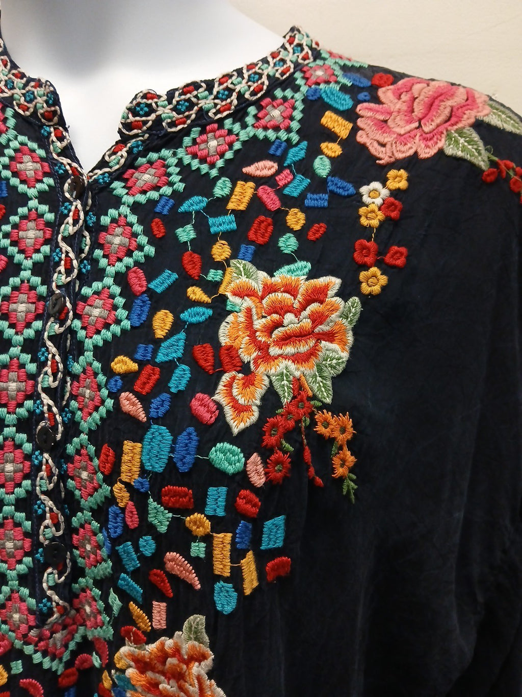 Johnny Was XL 1/4 Button Embroidered Sheer Pullover Top