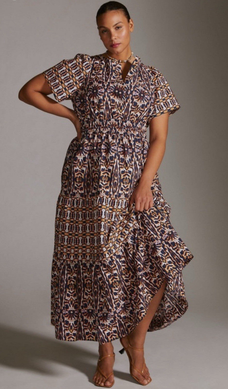 Maeve Anthropologie 2X Somerset Short Sleeve Maxi Dress Geo Tiered Boho Artsy