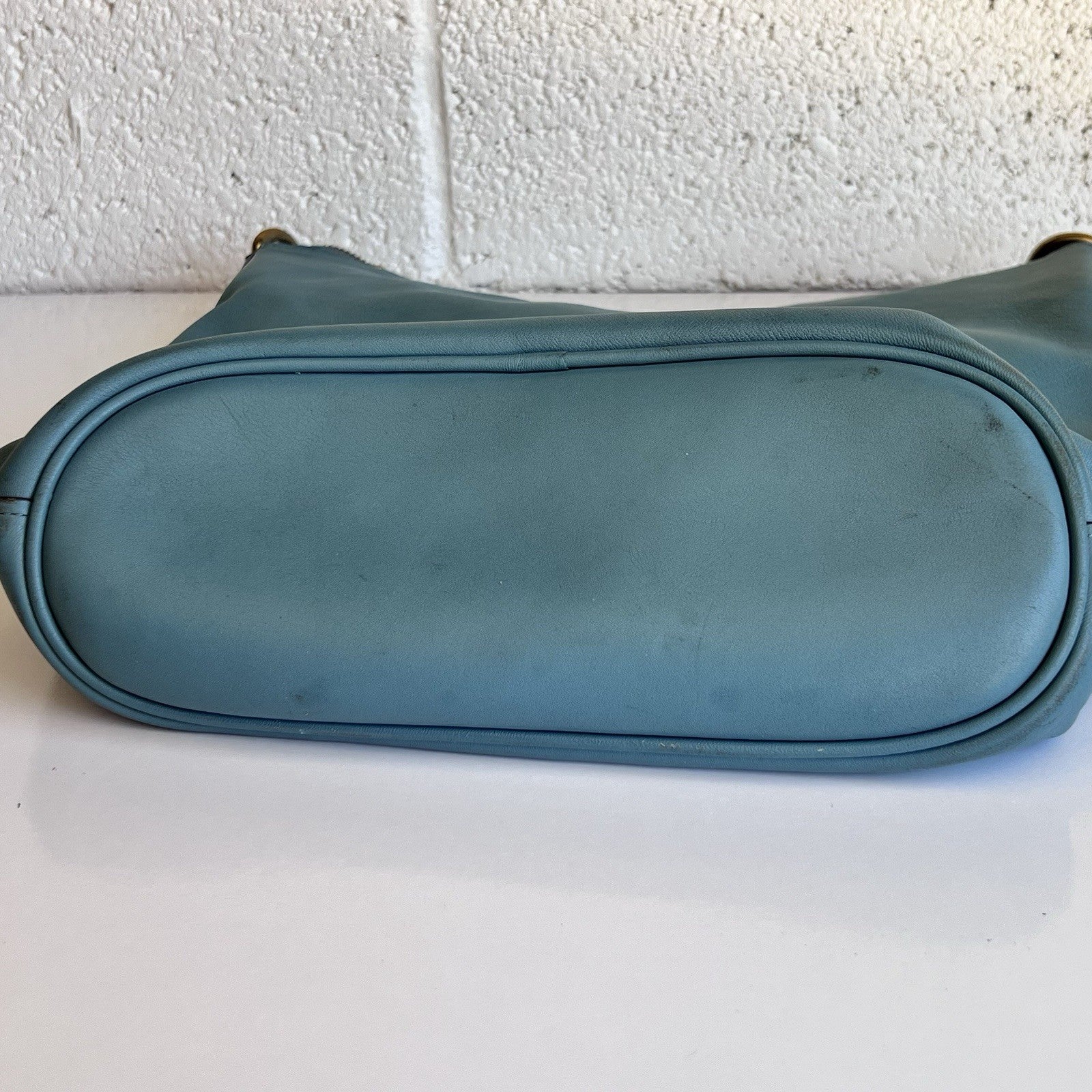 Coach 79029 Signature Chain Duffle Purse Teal Brass Glovetanned Leather Hobo Bag