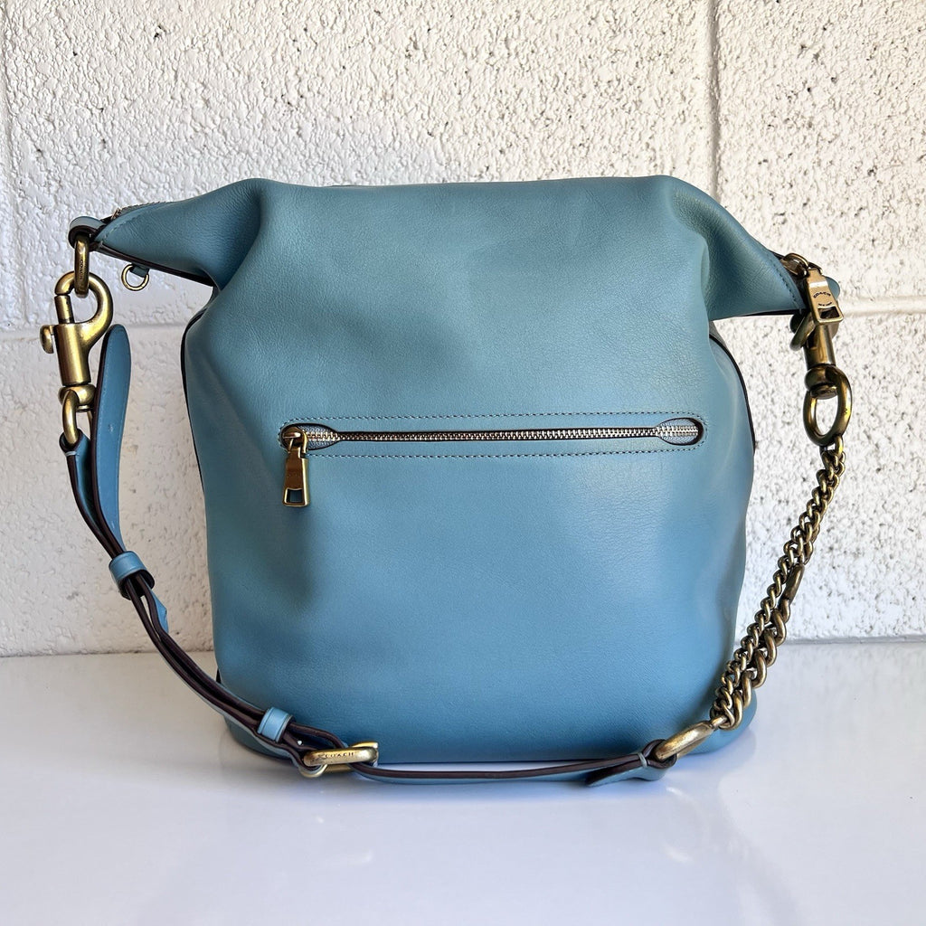 Coach 79029 Signature Chain Duffle Purse Teal Brass Glovetanned Leather Hobo Bag