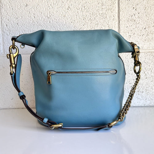Coach 79029 Signature Chain Duffle Purse Teal Brass Glovetanned Leather Hobo Bag