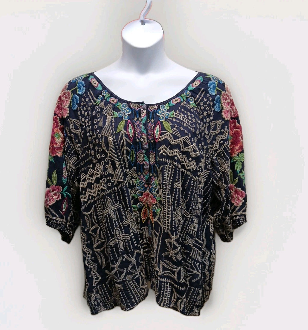 Johnny Was XL Blue Heavily Embroidered 1/4 Button Blouse