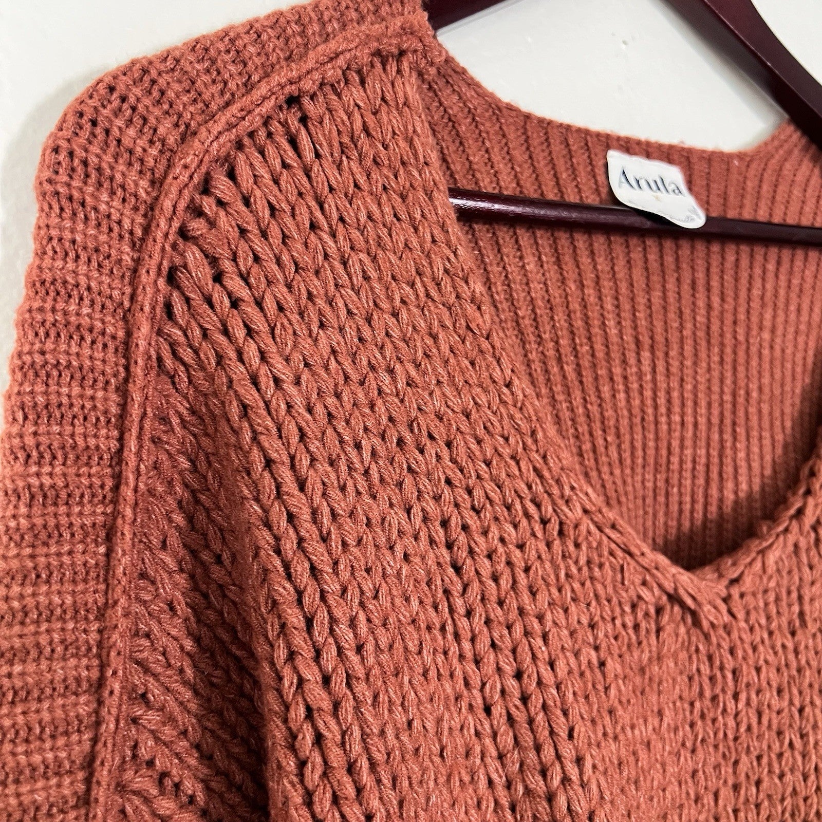 Arula Crop Rust Chunky Cable Knit Oversized Boho Raw Hem Seams Sweater Hippie