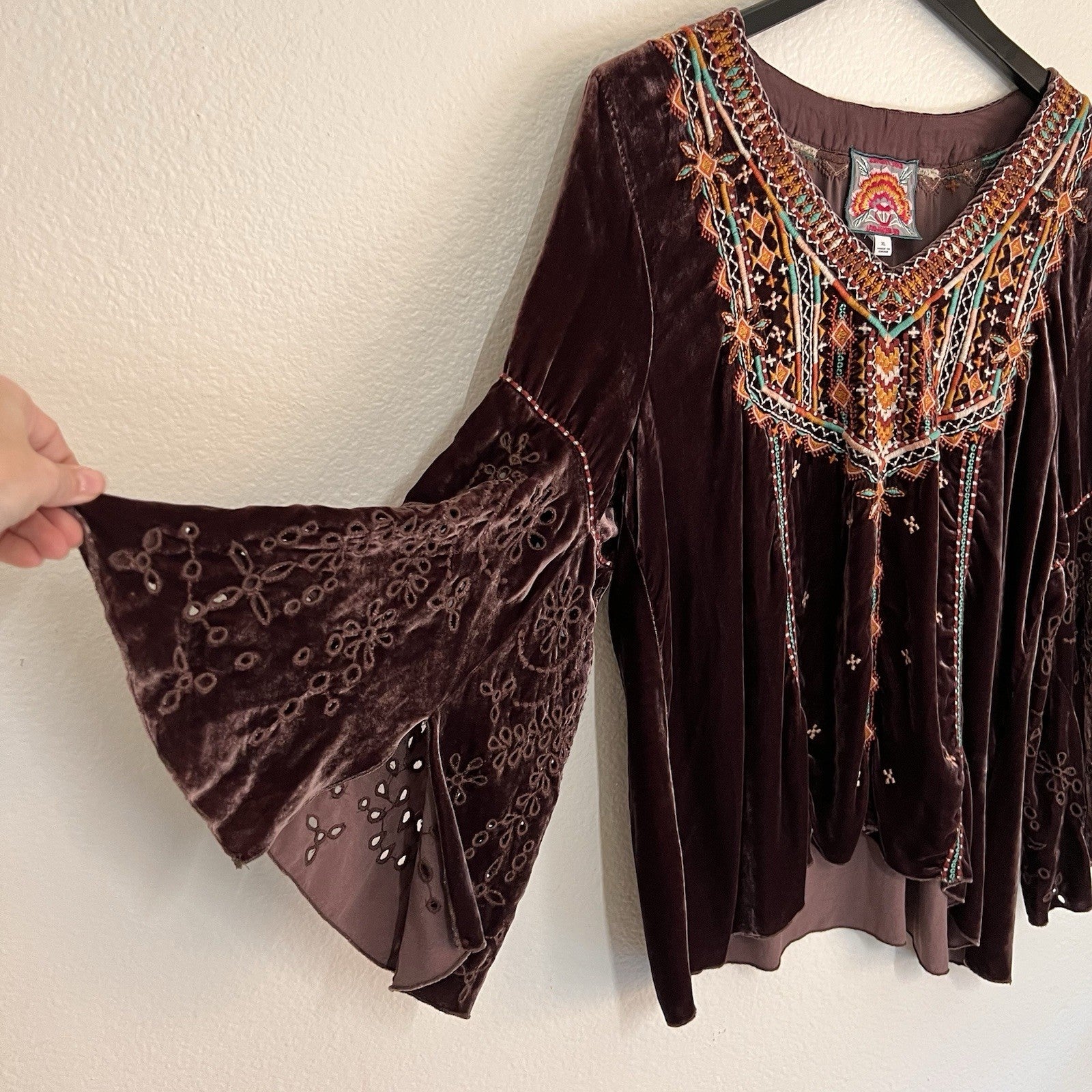 Johnny Was XL Chiri Velvet Silk Blend Brown Swing Blouse Bell Butterfly Sleeve