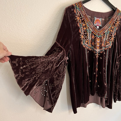Johnny Was XL Chiri Velvet Silk Blend Brown Swing Blouse Bell Butterfly Sleeve
