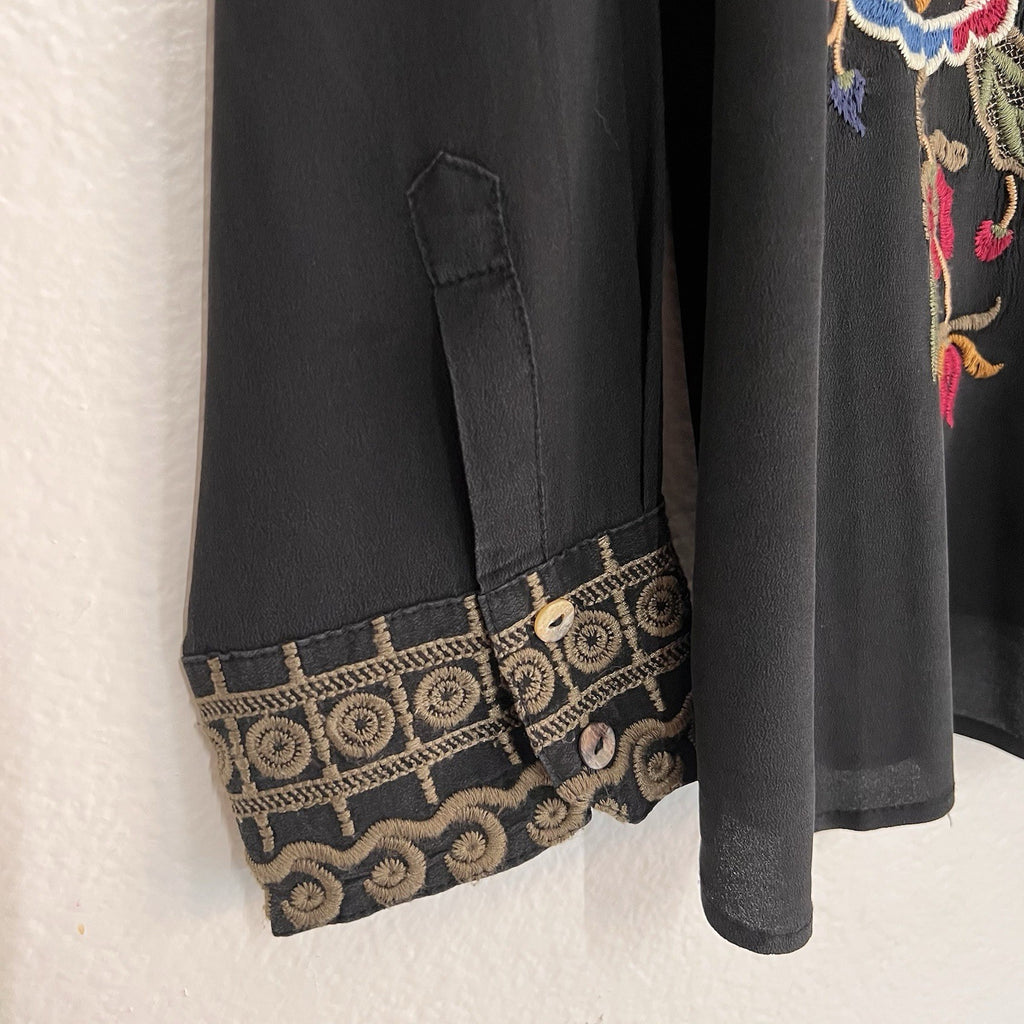 Johnny Was Workshop  XL Marcella 100% Silk Button Up Black Blouse Boho Western