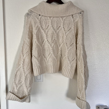 Large Crop Chunky Cable Knit Wool Blend Full Zip Womens Sweater Cream Fisherman