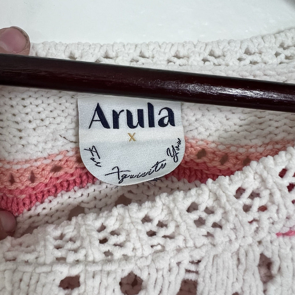 NWOT Arula Crop Open Cable Knit Oversize Stripe Sweater Cream Pink Scallop Girly