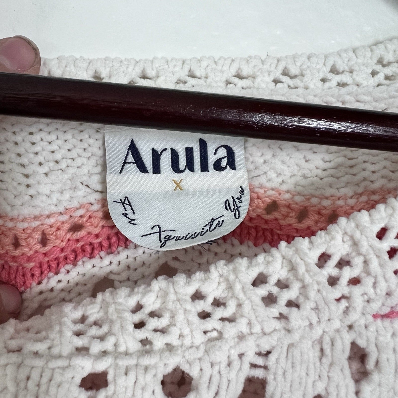 NWOT Arula Crop Open Cable Knit Oversize Stripe Sweater Cream Pink Scallop Girly