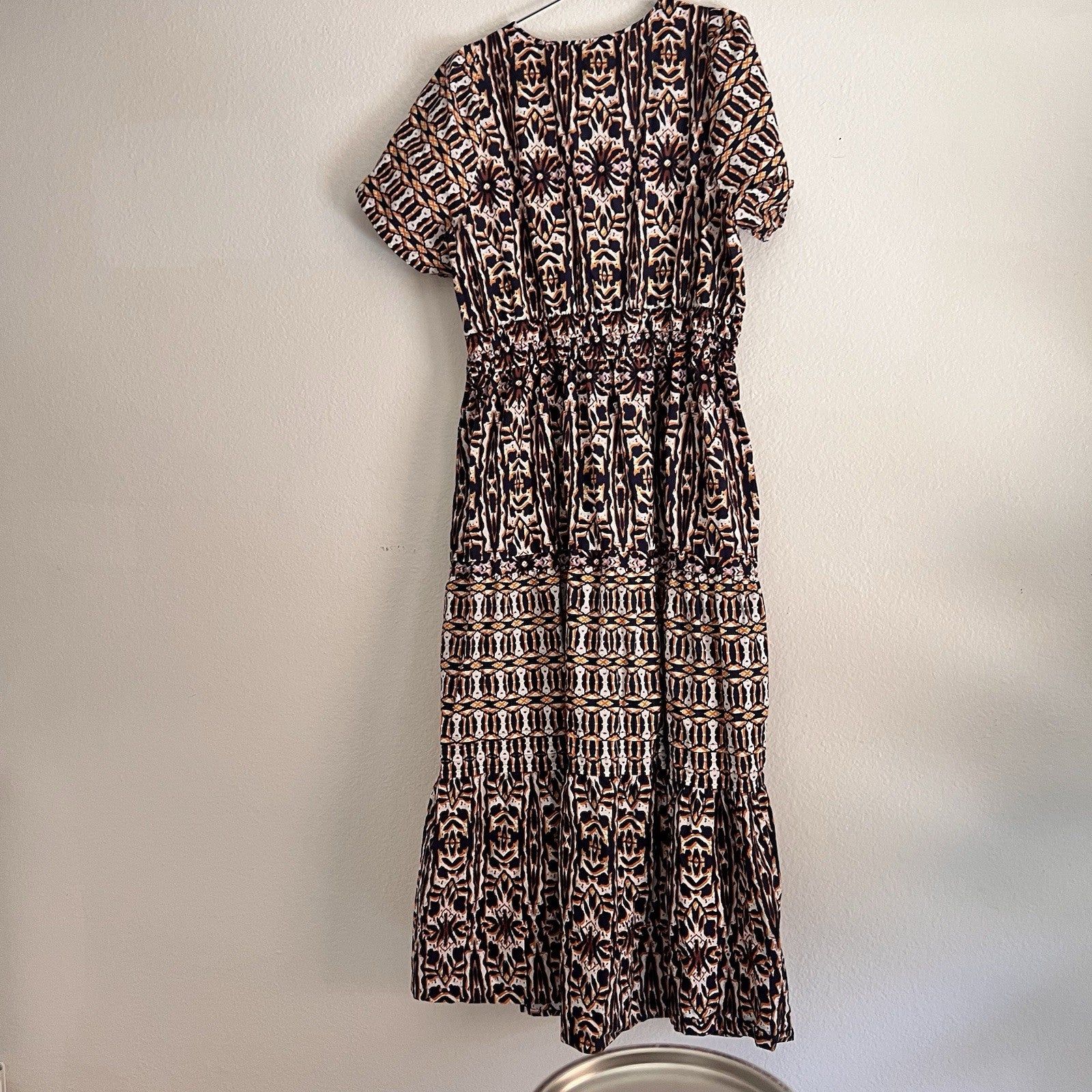 Maeve Anthropologie 2X Somerset Short Sleeve Maxi Dress Geo Tiered Boho Artsy