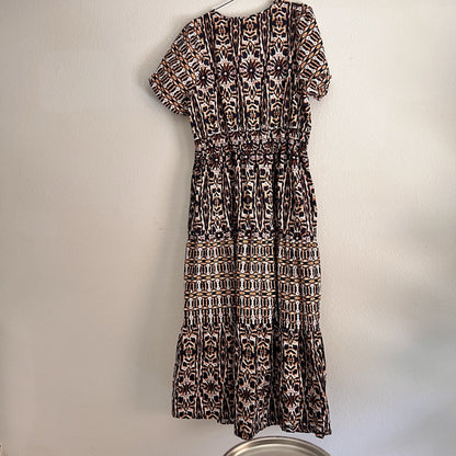 Maeve Anthropologie 2X Somerset Short Sleeve Maxi Dress Geo Tiered Boho Artsy