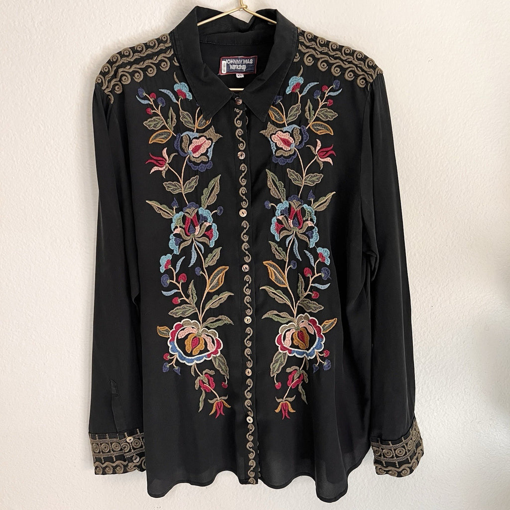 Johnny Was Workshop  XL Marcella 100% Silk Button Up Black Blouse Boho Western
