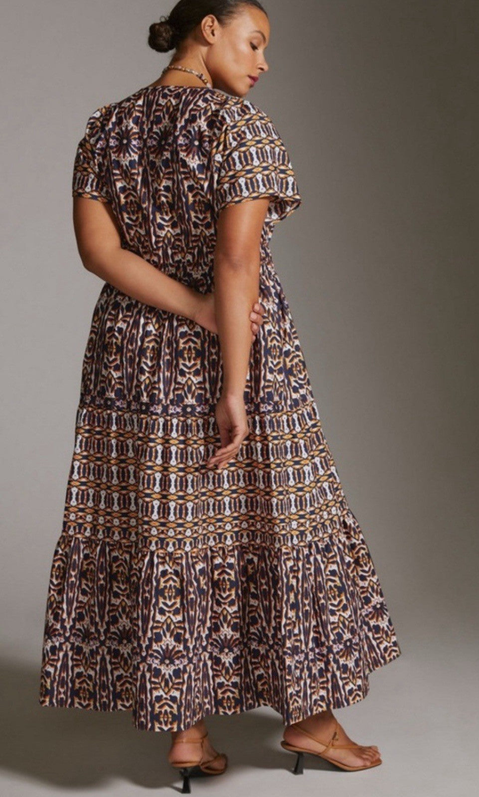 Maeve Anthropologie 2X Somerset Short Sleeve Maxi Dress Geo Tiered Boho Artsy