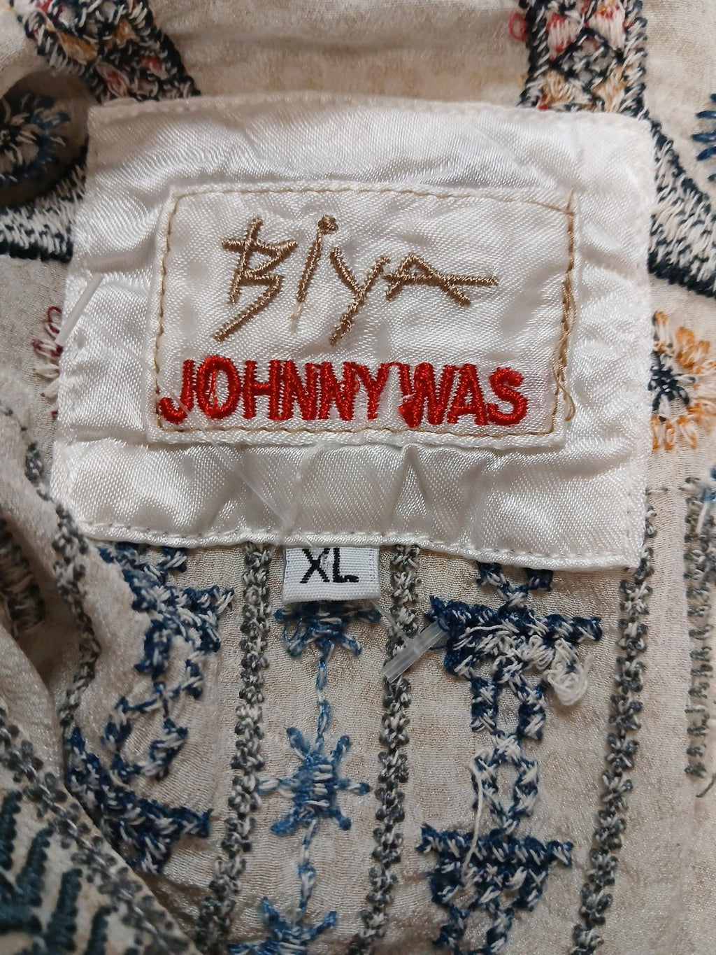 Johnny Was XL Biya Tan Embroidered 3/4 Button Pullover Blouse