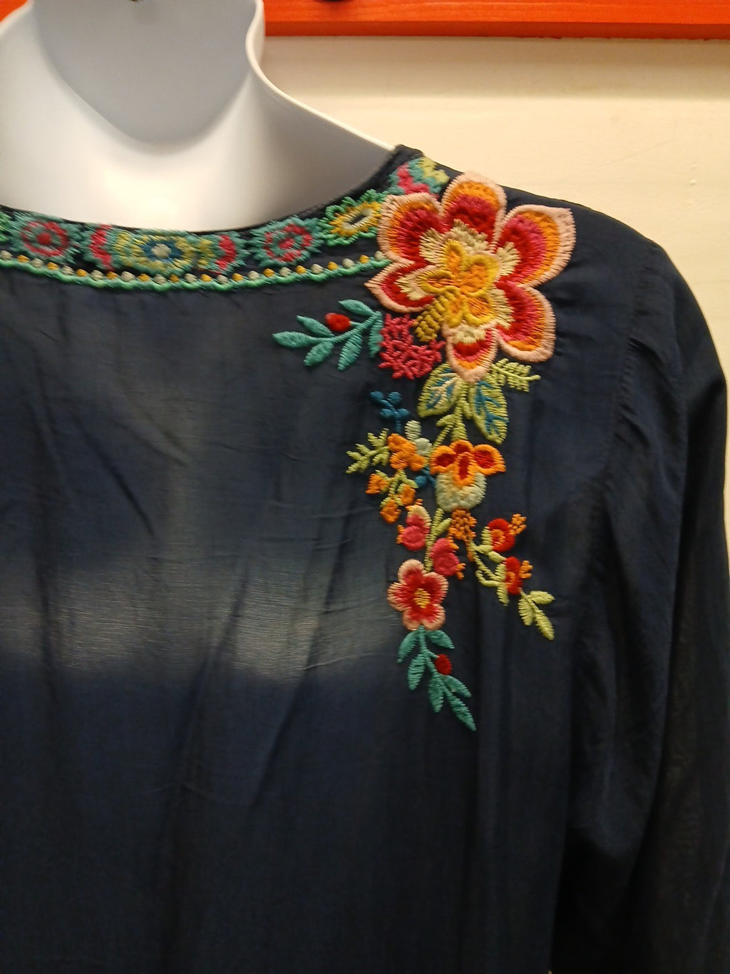 Johnny Was XL V-Neck Embroidered Blue Pullover Sheer Blouse