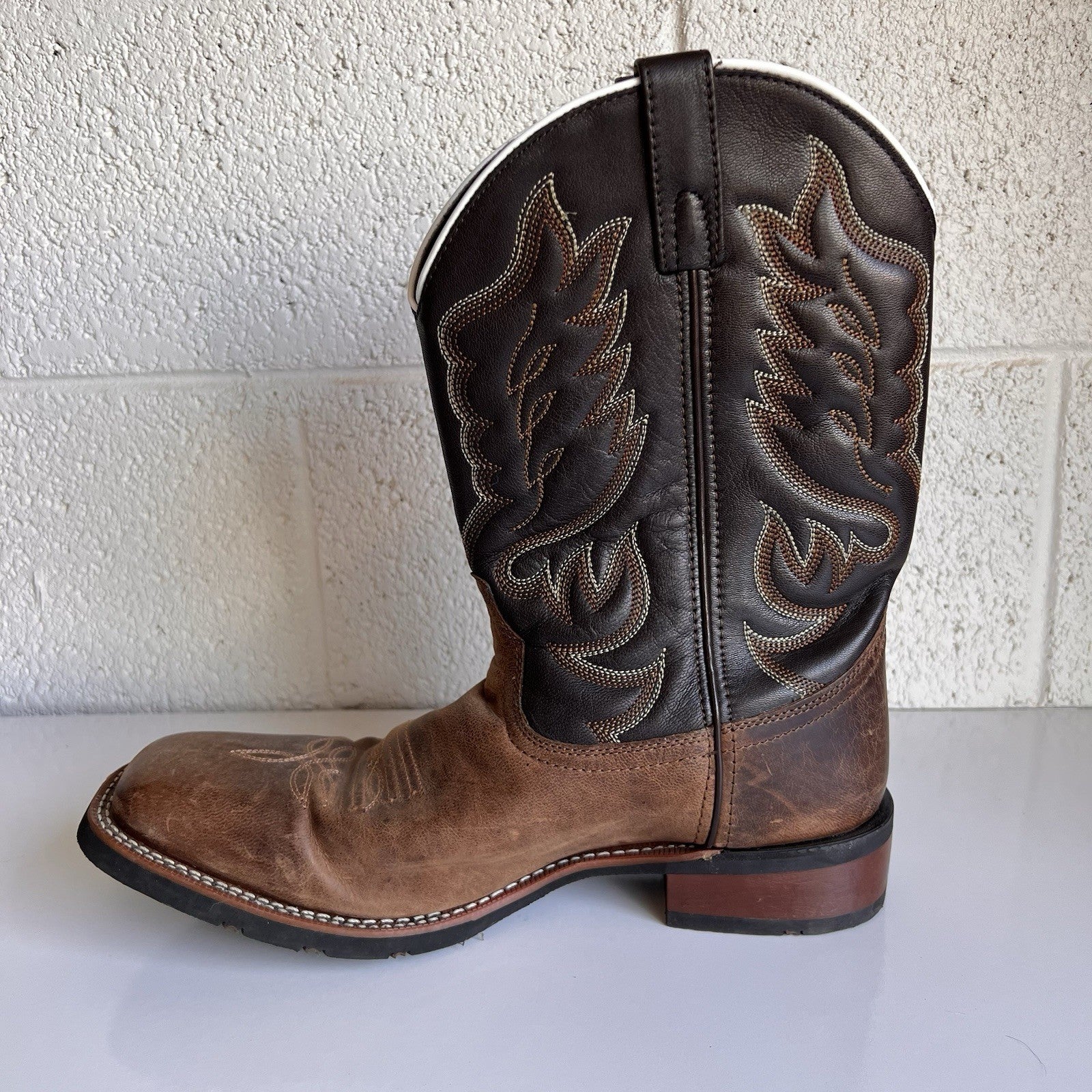 Laredo 12D Square Toe Brown Montana Western Cowboy Boot 7800 Embroider Mid Calf