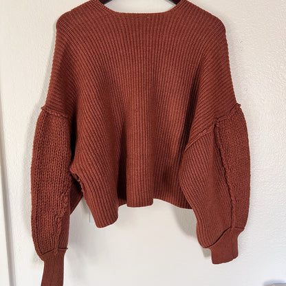 Arula Crop Rust Chunky Cable Knit Oversized Boho Raw Hem Seams Sweater Hippie