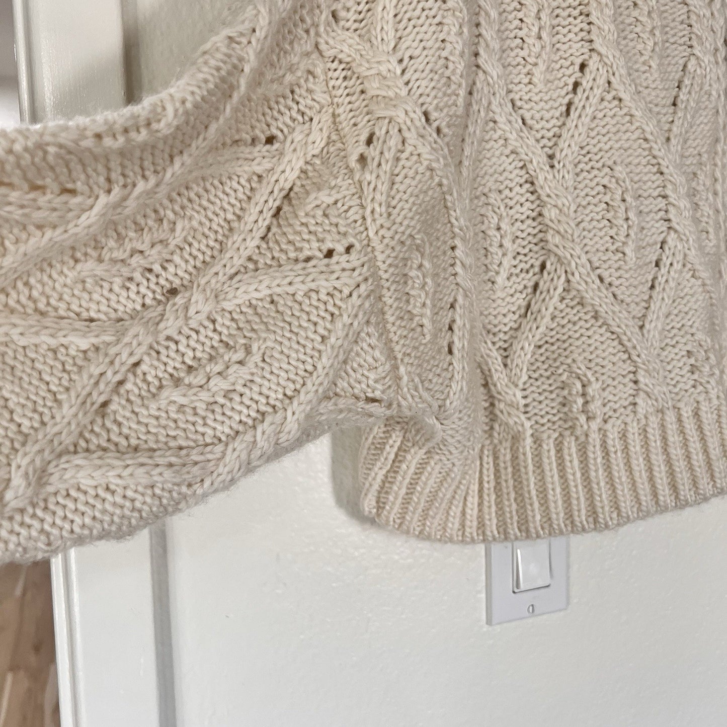 Large Crop Chunky Cable Knit Wool Blend Full Zip Womens Sweater Cream Fisherman