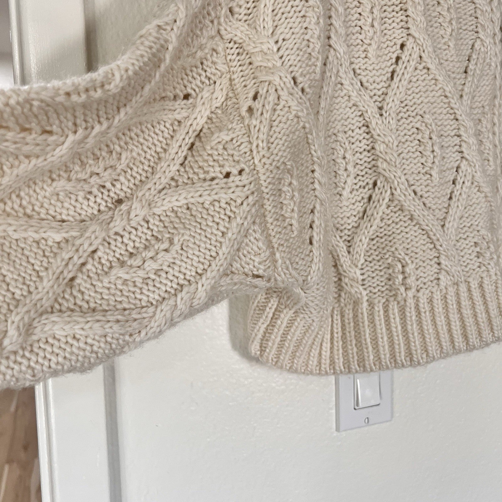 Large Crop Chunky Cable Knit Wool Blend Full Zip Womens Sweater Cream Fisherman