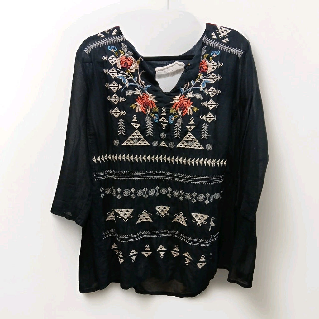 Johnny Was 3X Black Embroidered Silk Blend Sheer Blouse
