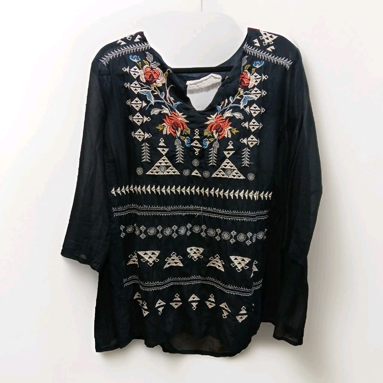 Johnny Was 3X Black Embroidered Silk Blend Sheer Blouse