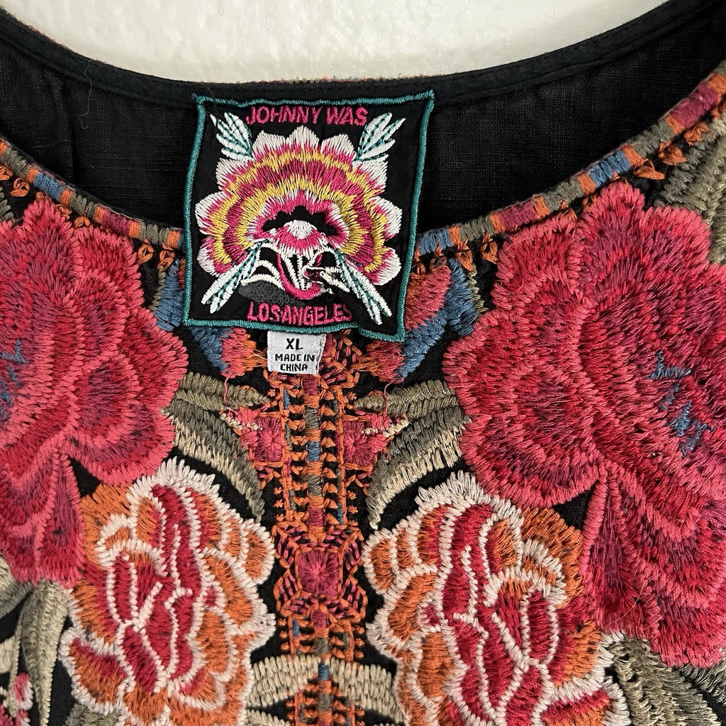 Johnny Was XL Burke 100% Linen Tunic Black Floral Embroidered Dress JWLA Boho
