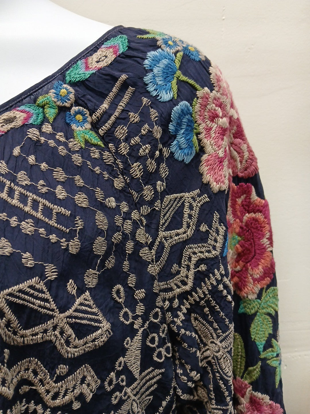 Johnny Was XL Blue Heavily Embroidered 1/4 Button Blouse