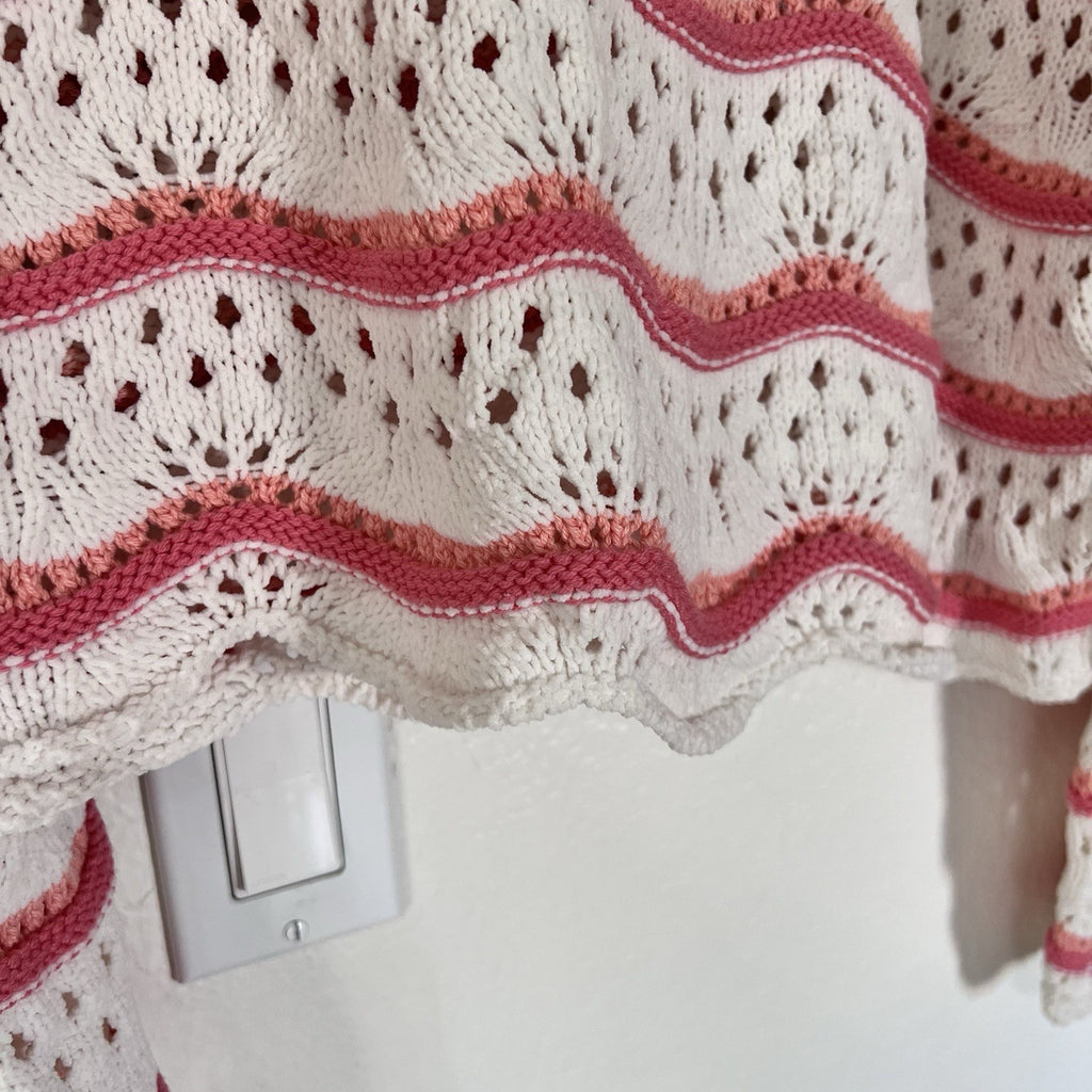 NWOT Arula Crop Open Cable Knit Oversize Stripe Sweater Cream Pink Scallop Girly
