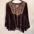 Johnny Was XL Chiri Velvet Silk Blend Brown Swing Blouse Bell Butterfly Sleeve