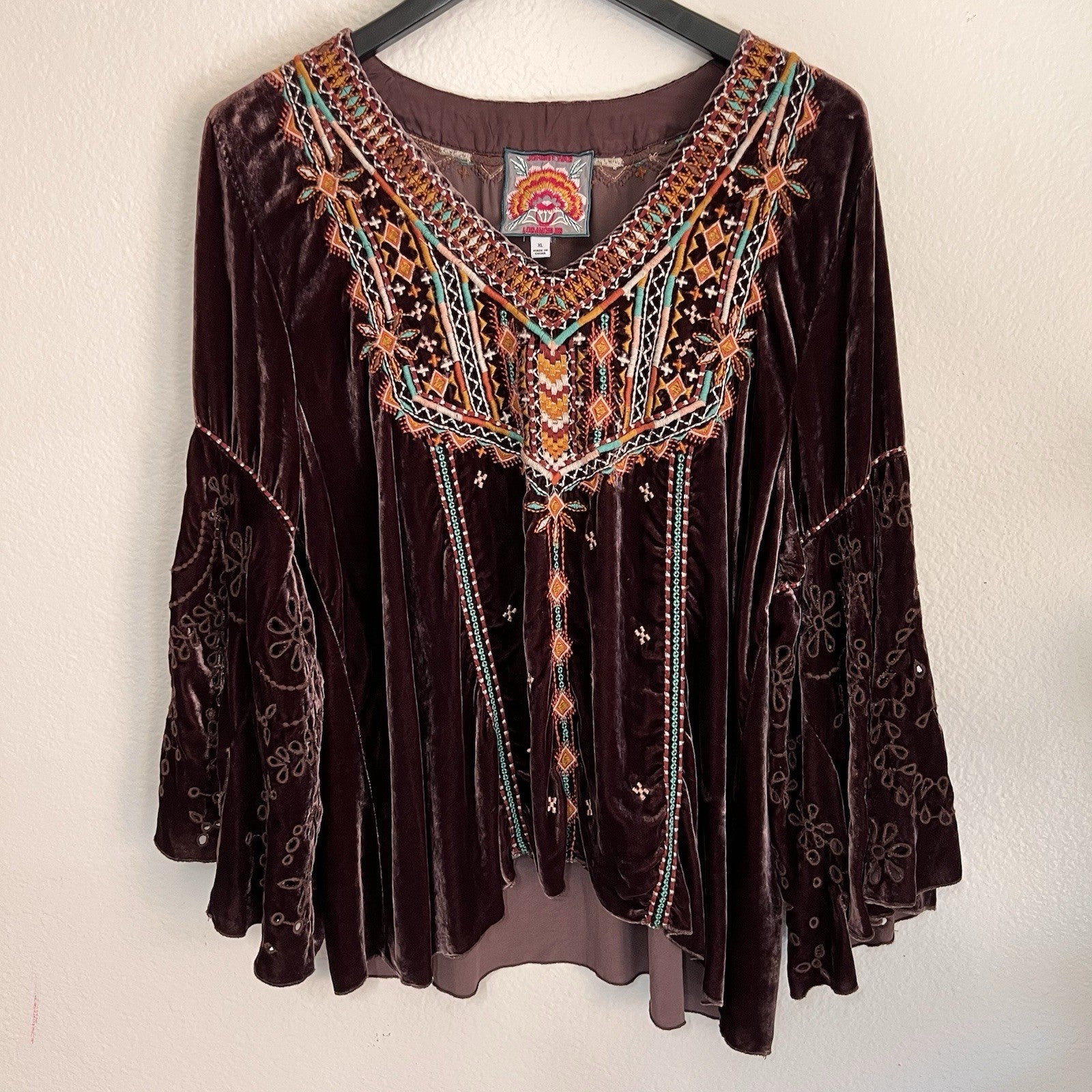 Johnny Was XL Chiri Velvet Silk Blend Brown Swing Blouse Bell Butterfly Sleeve