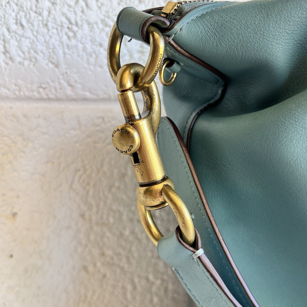 Coach 79029 Signature Chain Duffle Purse Teal Brass Glovetanned Leather Hobo Bag