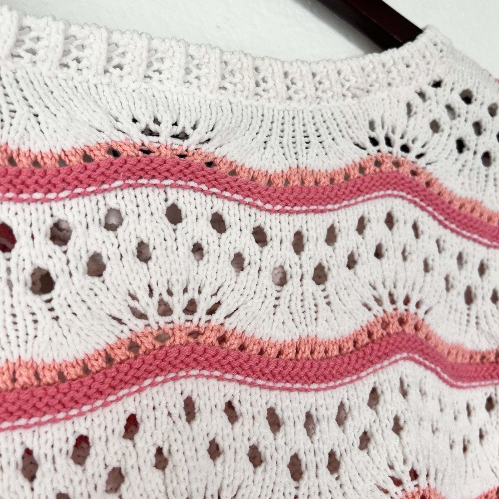 NWOT Arula Crop Open Cable Knit Oversize Stripe Sweater Cream Pink Scallop Girly